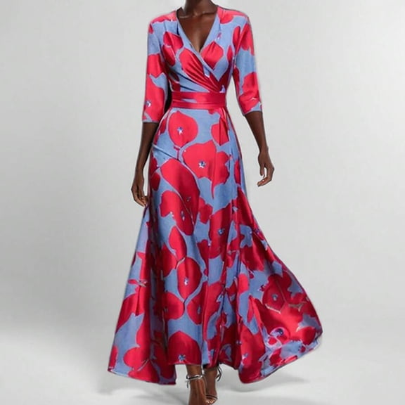 Satin Wrap Maxi Dress Blue Background With Red Flowers V-Neck 3/4 Sleeve A-Line Evening Gown