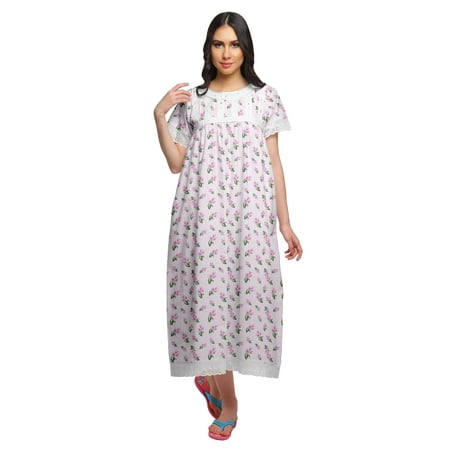 Moomaya Printed Short Sleeve Maxi Nightdress Button Down Cotton Sleepwear Gown