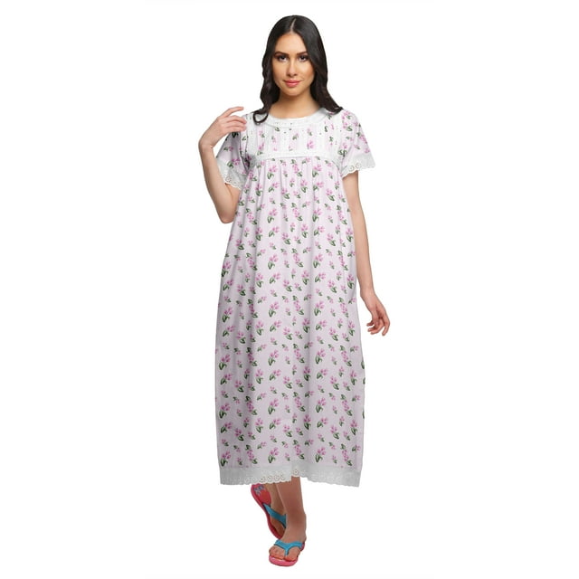 Moomaya Chemise de Nuit Maxi à Manches Courtes Imprimée, Boutonnée, en Coton, Tenue de Sommeil