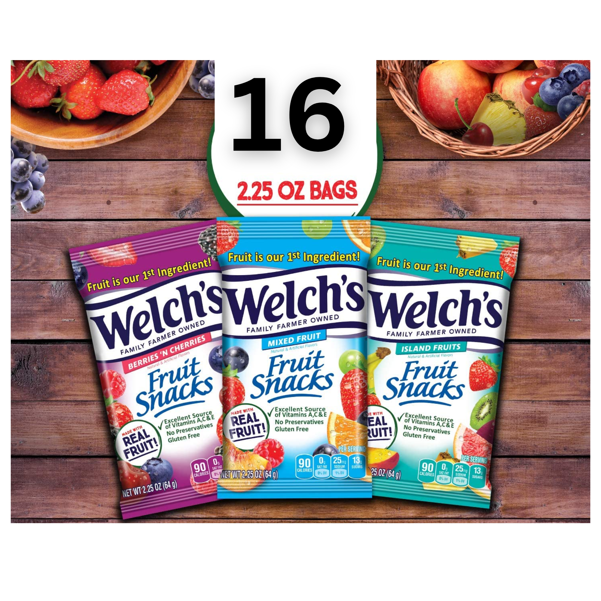Welch's Fruit Snacks, Bulk Variety Pack with Mixed Fruit, Island Fruit and Berries and Cherries 2.25 Oz. (Pack of 16)