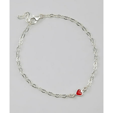 Sterling Silver Heart Chain with Sterling Silver Red Enamel Heart Link Ankle Bracelet