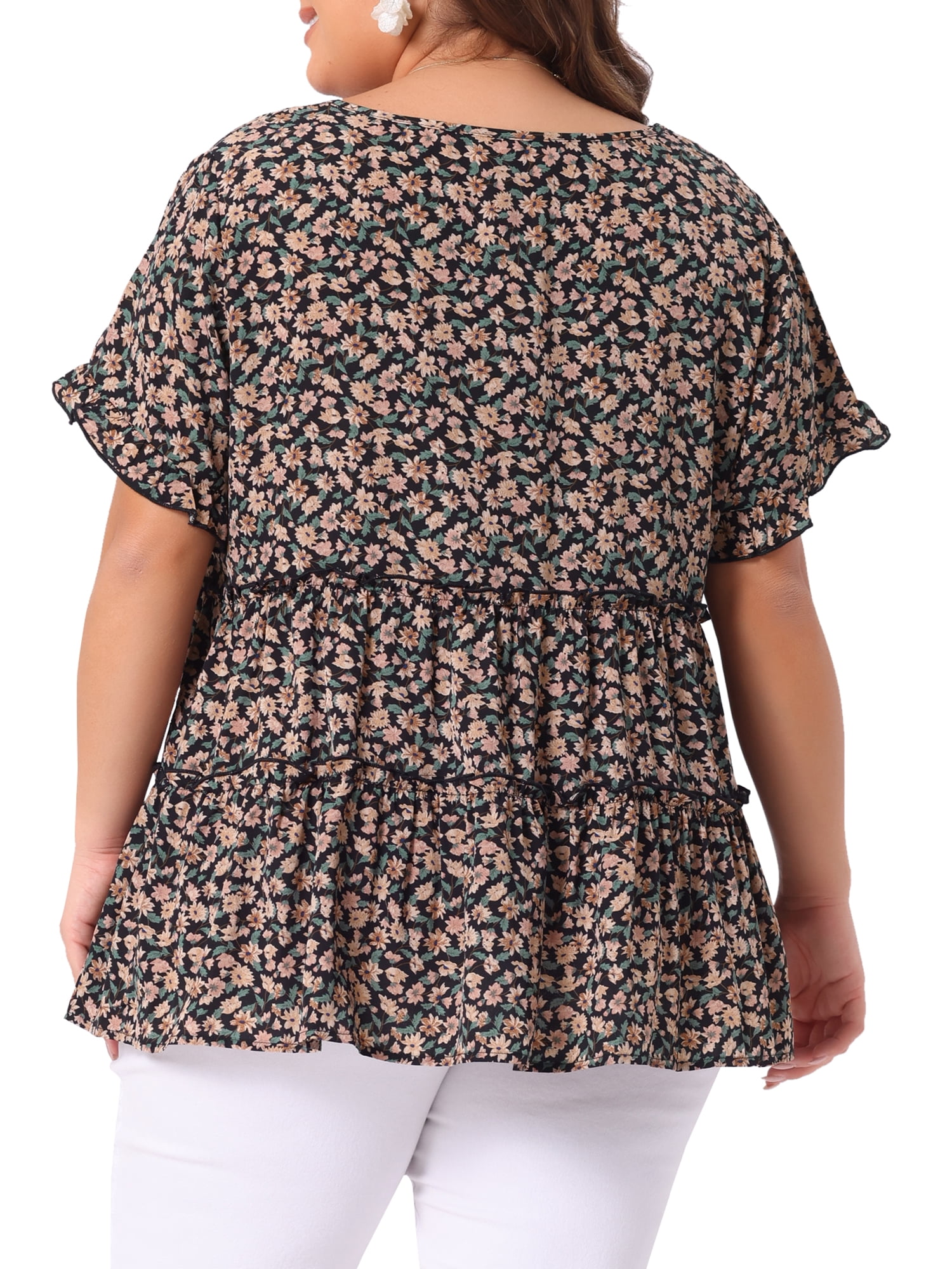 DARING DIVA Women's Plus Size V Neck Short Sleeve Floral Babydoll Blouse 6X Black Beige
