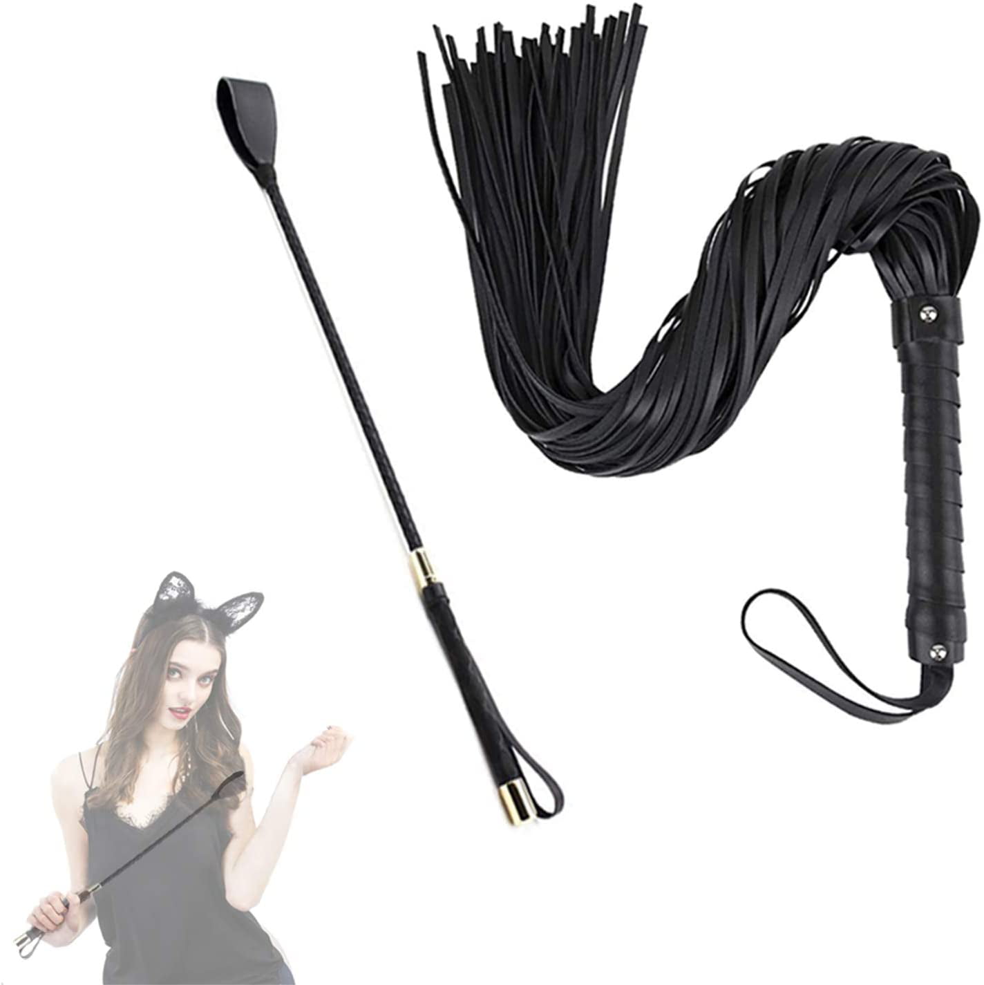 Faux Leather Horse Crop Double Slapper Equestrian Play SONPENT Black Whip and French Tickler Set Riding Whips for Horses Feather Tickler Whip 