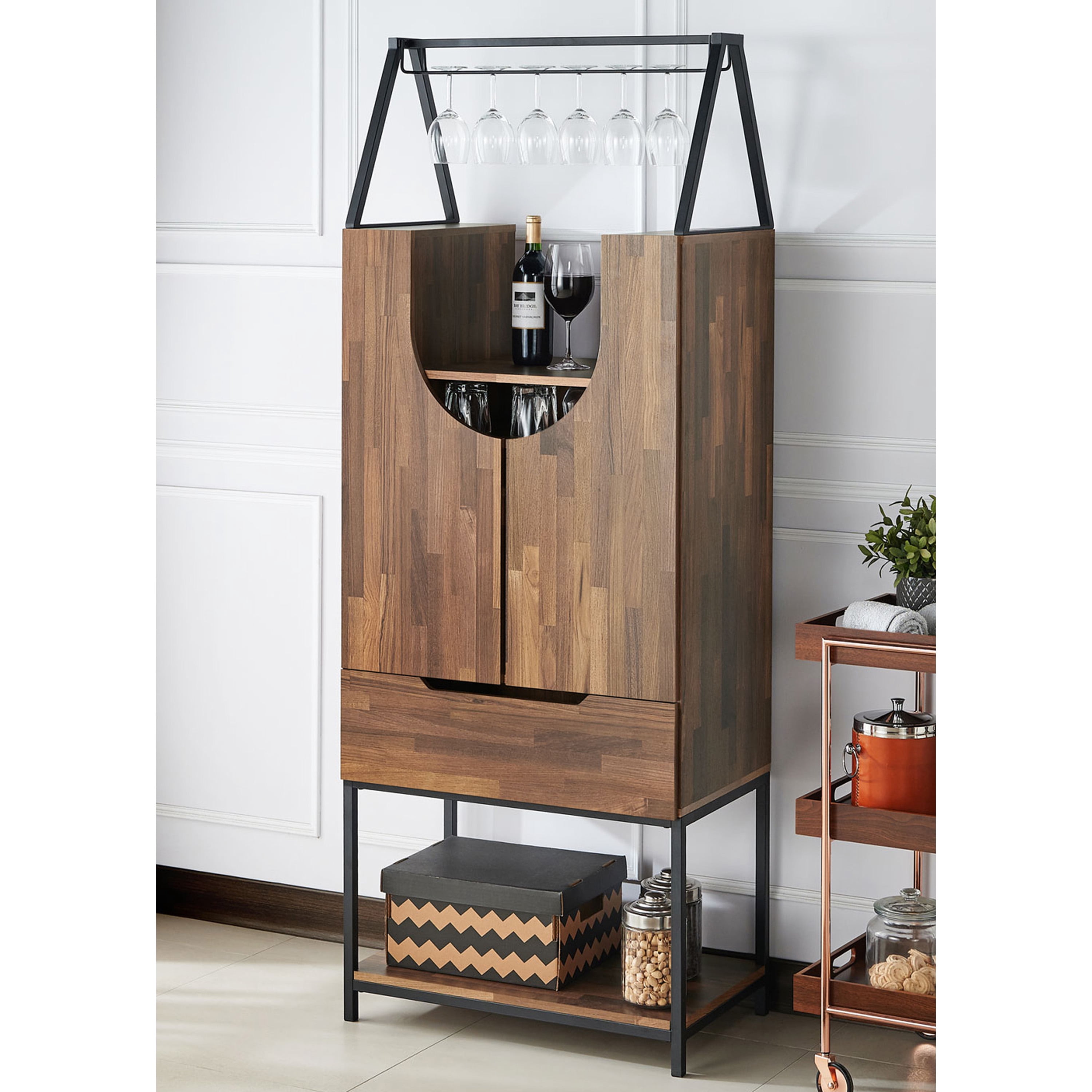 Furniture of America Reon Multi-Storage Wine Cabinet, Light Hickory