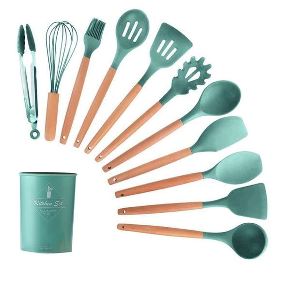 dodocool Ensemble d'Ustensiles de Cuisine 11 Pcs Ensemble d'Ustensiles de Cuisson en Silicone Antiadhésif en Baril Ustensile en Gel de Silice Manche en Bois Ensemble de Vaisselle de Cuisine