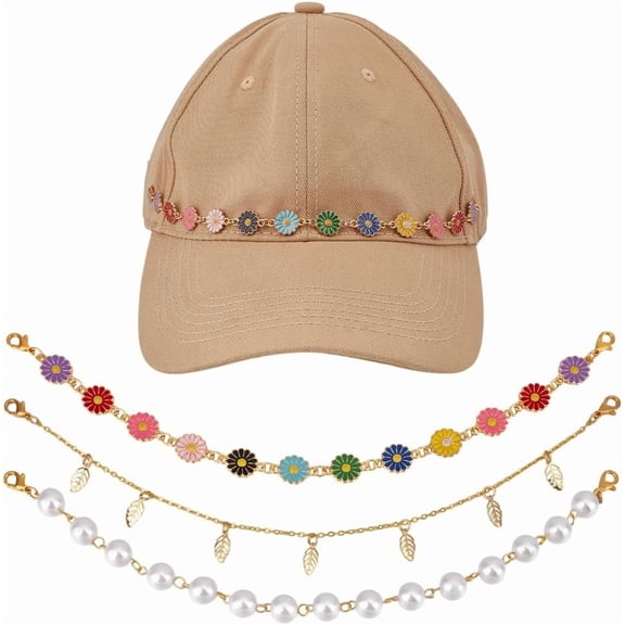3 Styles Trucker Hat Chains 10inch Alloy Leaf & Enamel Flower & Plastic Pearl Baseball Cap Chain with Golden Alloy Lobster Claw Clasps Hat Bill Decoration Baseball Cap Accessories Golden