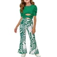 thumbnail image 2 of Babcutegg Girls Summer Two-Piece Outfit – Puff Sleeve Short Top & Printed Wide-Leg Pants Set for Kids Green Size 9-10, 2 of 6