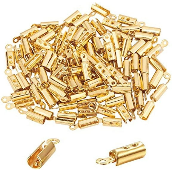100pcs Golden Folding Crimp Ends Stainless Steel Crimps Ends Fold Over Cord Ends Terminators Clamp End Tips Jewelry Findings for Bracelets Leather Jewelry Making