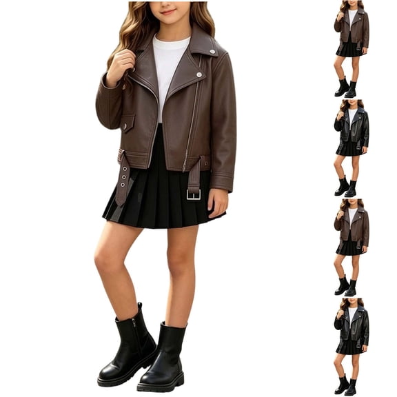 Kids Fashion Solid Faux Leather Moto Jacket Lapel Long Sleeve Zip up Coat Stylish Casual Outerwear for Girls Brown 1-2 Years