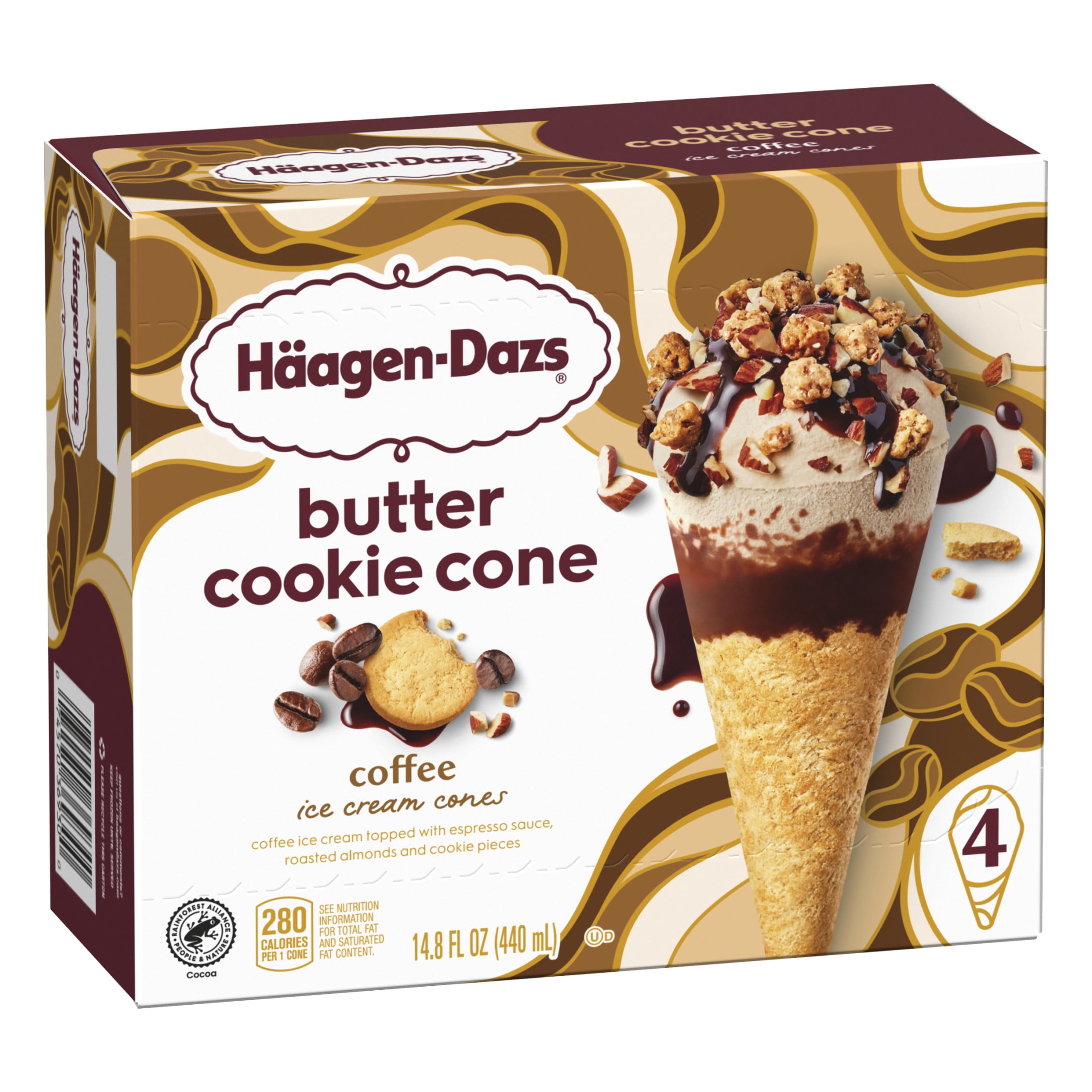 Haagen Dazs Coffee Butter Cookie Ice Cream Cone Dessert, 4 Count Package