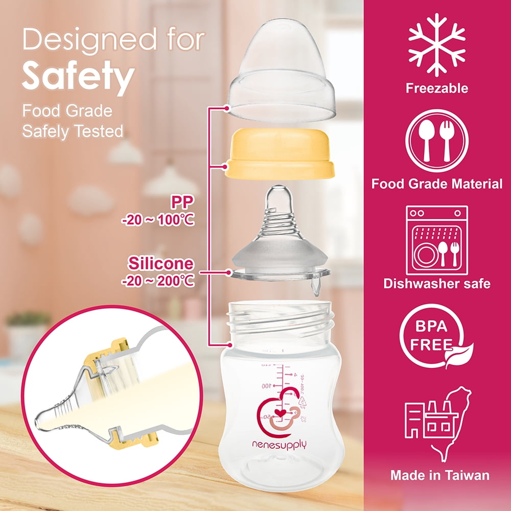 Nenesupply Natural Baby Bottles Newborn Flow Feeding Bottles Breastfeeding Bottle for Breastfed Babies Wide Neck 4.7oz Anti Colic Level 1 Nipple for 0+ Month Infant Replace Spectra Bottles for Pumpin