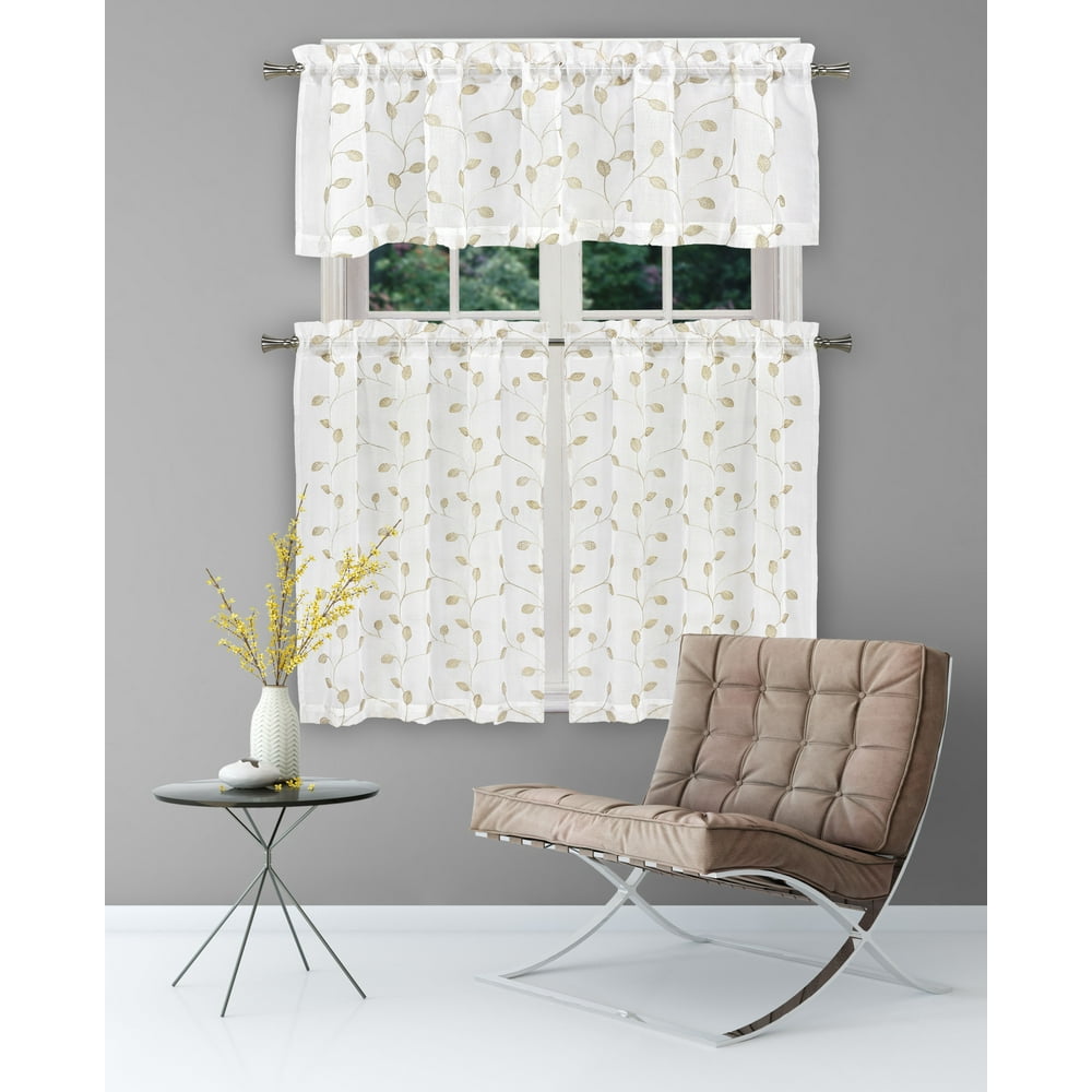 Sheer 3 Piece Window Curtain Set with Embroidered Metallic Leaves and
