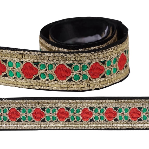 IBA Indianbeautifulart Golden Dori & Zari With Red, Turquoise Blue Thread Dupion Trimming for Sewing 1 Inch Wide DIY Craft by 3 Yard Border Lace Tape Trim