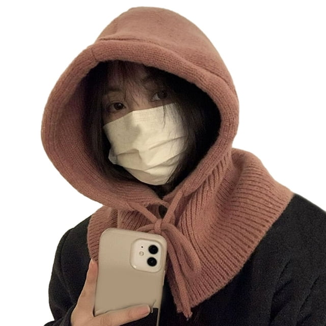 Women Winter Hat Lace Up Thick Windproof Neck Protection Solid Color Cap Scarf Combination Knitted Gothic Button Closure Lady Cap