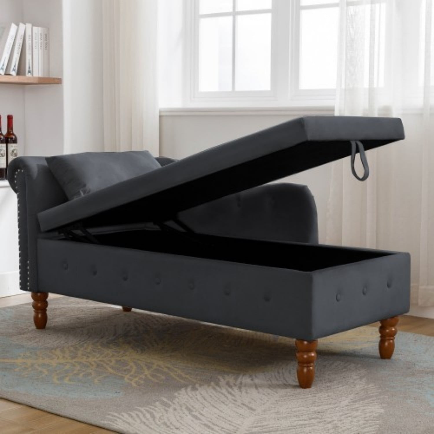 Velvet Chaise Lounge Chair with Storage, Upholstered Chesterfield Lounge Chair with Rolled Arm, Tufted Back, Pillow & Hidden Storage for Living Room, Bedroom & Office, Black