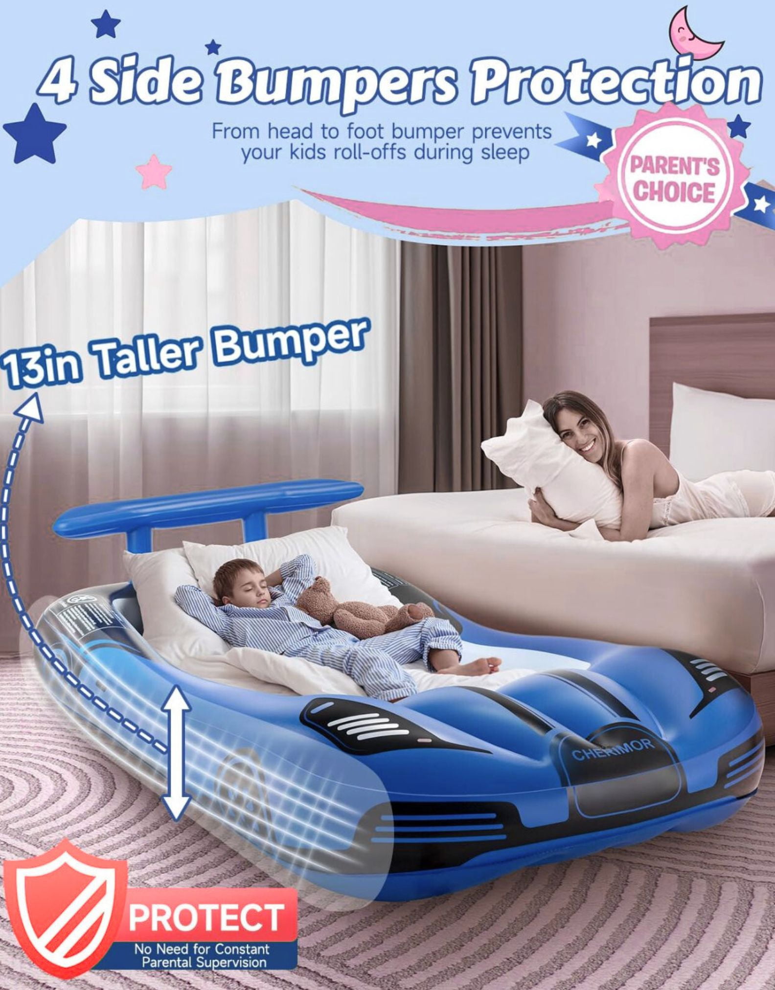 Cherimor Inflatable Toddler Bed, Racing Vehicle Blow Up Mattress for Kids Travel with 4-Side Safety Rail Bumpers, 2-Min Quick Auto Pump, Heavy Duty 330lb Capacity, Portable Toddler Airbed, Blue
