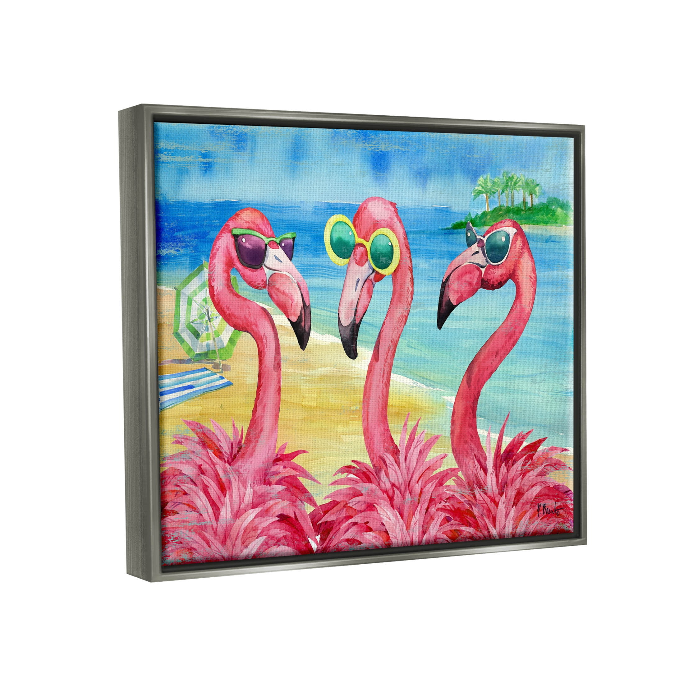 Stupell Industries Flamingo Girlfriends Tropical Coast Graphic Art Luster Gray Floating Framed Canvas Print Wall Art, Design by Paul Brent