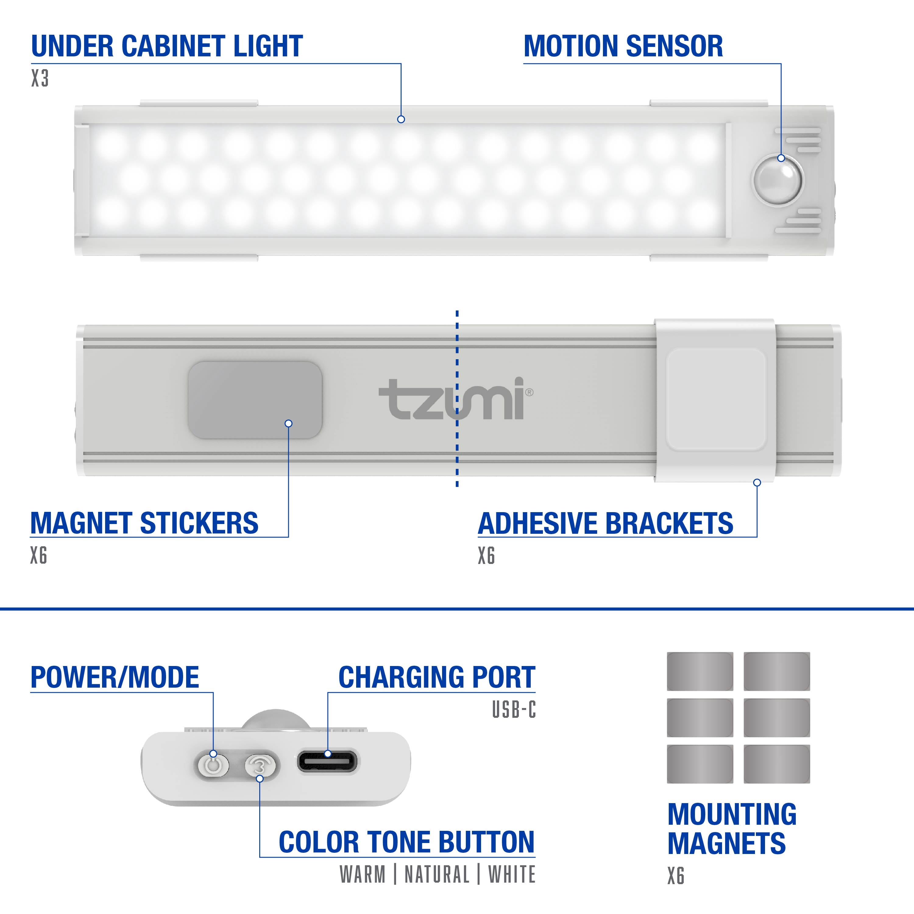 Tzumi Under Cabinet Lights Dimmable LED Light Bar with Magnetic Mount, 3-Pack, USB-Rechargeable