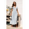 thumbnail image 4 of Women'S Elegant V Neck Solid Puff Sleeve Button Lady Beach Party Dress Blue S, 4 of 8