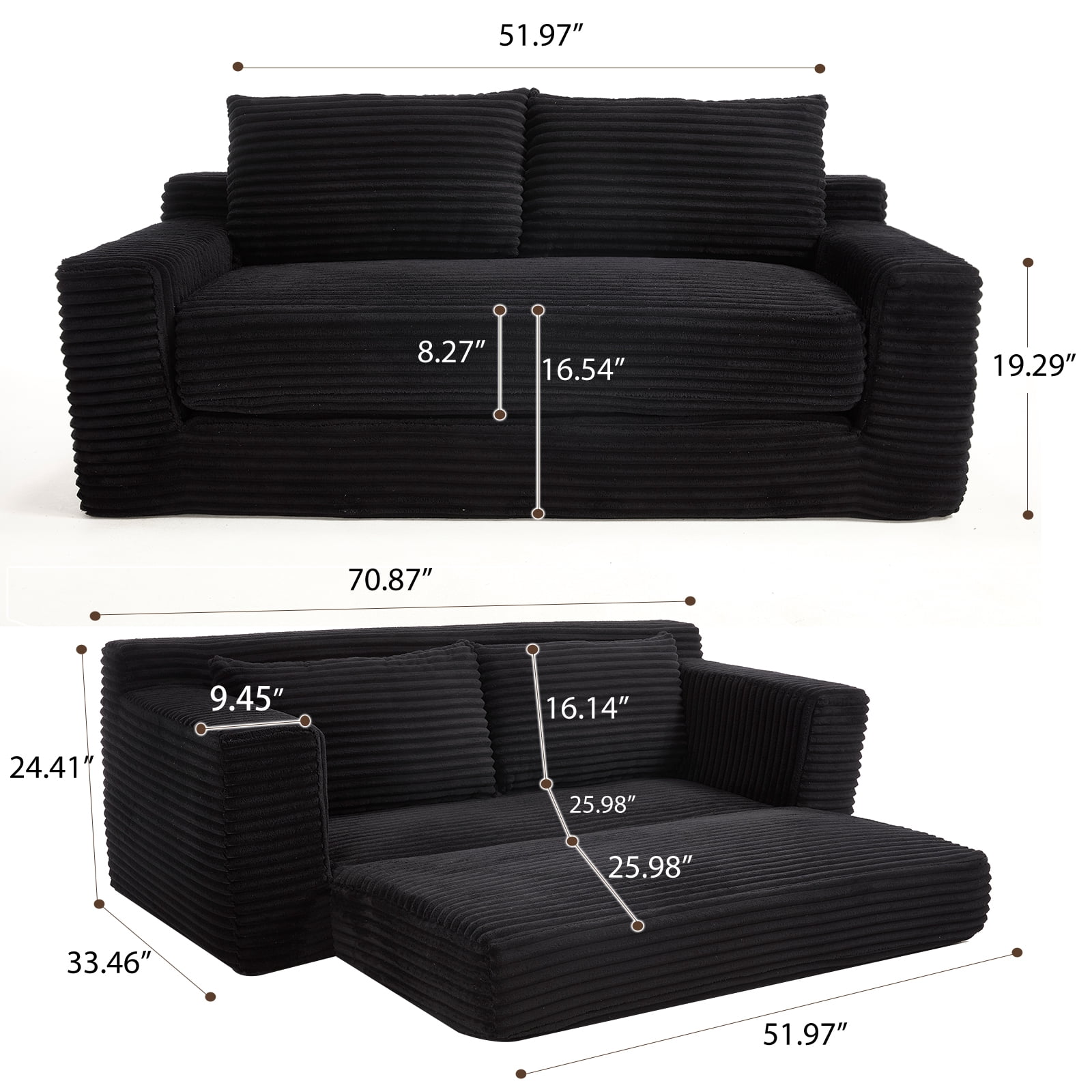 Miniyam Convertible Loveseat Sofa Bed with Memory Foam, Small Couch for Apartment, No Assembly, Corduroy, Black