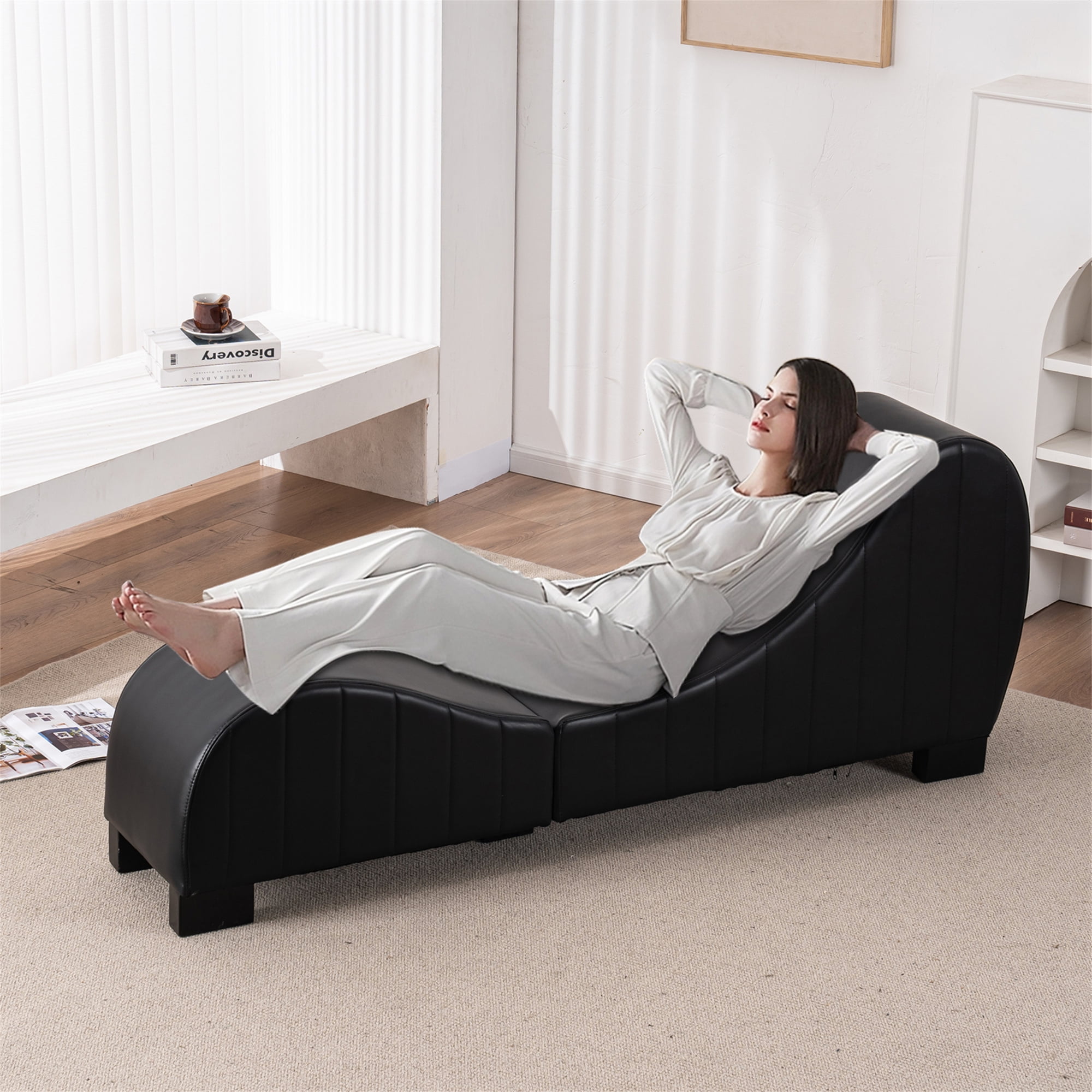 Takoyi Chaise Lounge for Yoga, Stretching, Relaxation Modern Faux Leather Curved Sofa, 62.9L x