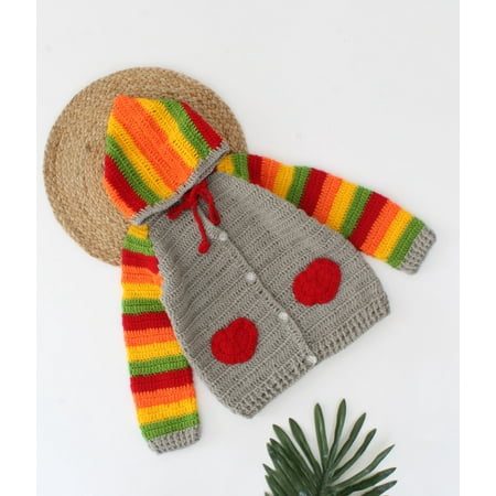 

Woonie Handmade Full Sleeves Heart Design Hooded Sweater With Colourful Sleeves-Grey