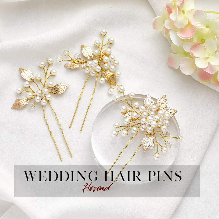 Pearl Bride Wedding Hair Pins Leaf Bridal Head Piece Flower Hair Accessories  for Women and Girls (Pack of 3) (Gold) 