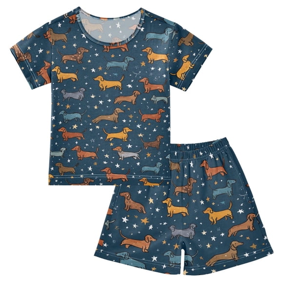 Summer Short Sleeve Pajama Sets Dachshund in Star Patterns Sleepwear Nighty 95% Cotton (5-14Y)