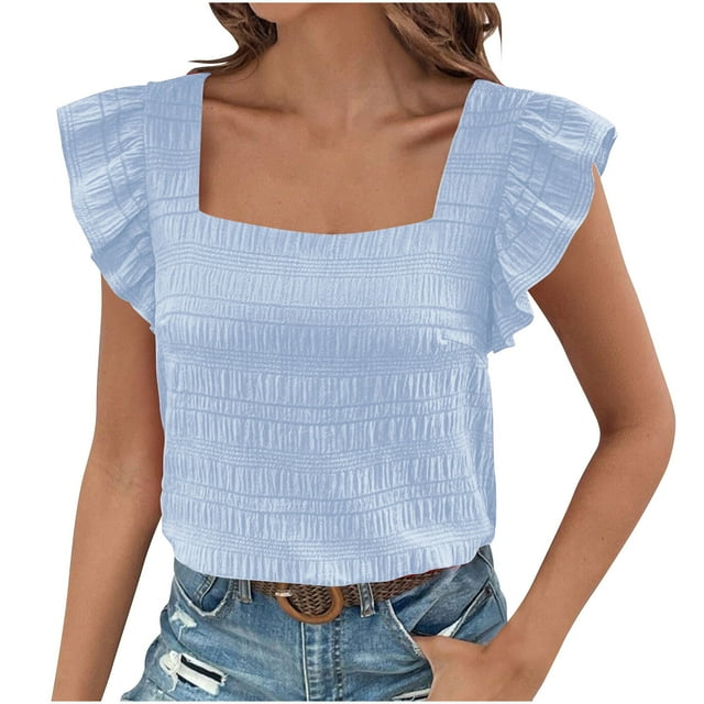 Yuyuzo Womens Summer Ruffle Cap Sleeve Blouses Square Neck Textured Shirts Dressy Casual Tee Tops