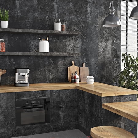 Industrial Concrete Self-Adhesive Textured Contact Paper Wallpaper Limewash Cement Look 15.8 x 197 in Black