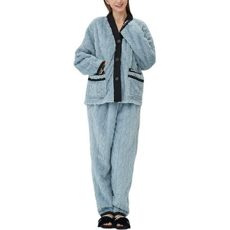 

DanceeMangoos Women s 2 Piece Fluffy PJ Sets Fleece Button Shirt Pants Sleepwear