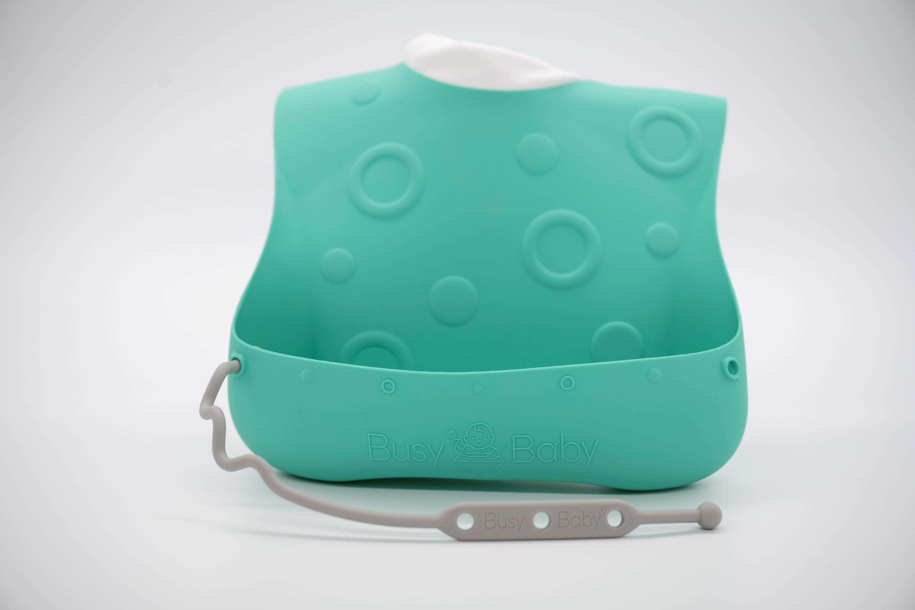 Busy Baby Silicone, BPA-Free Toddler and Baby Bib with Food Catcher and Utensil Straps, Spearmint