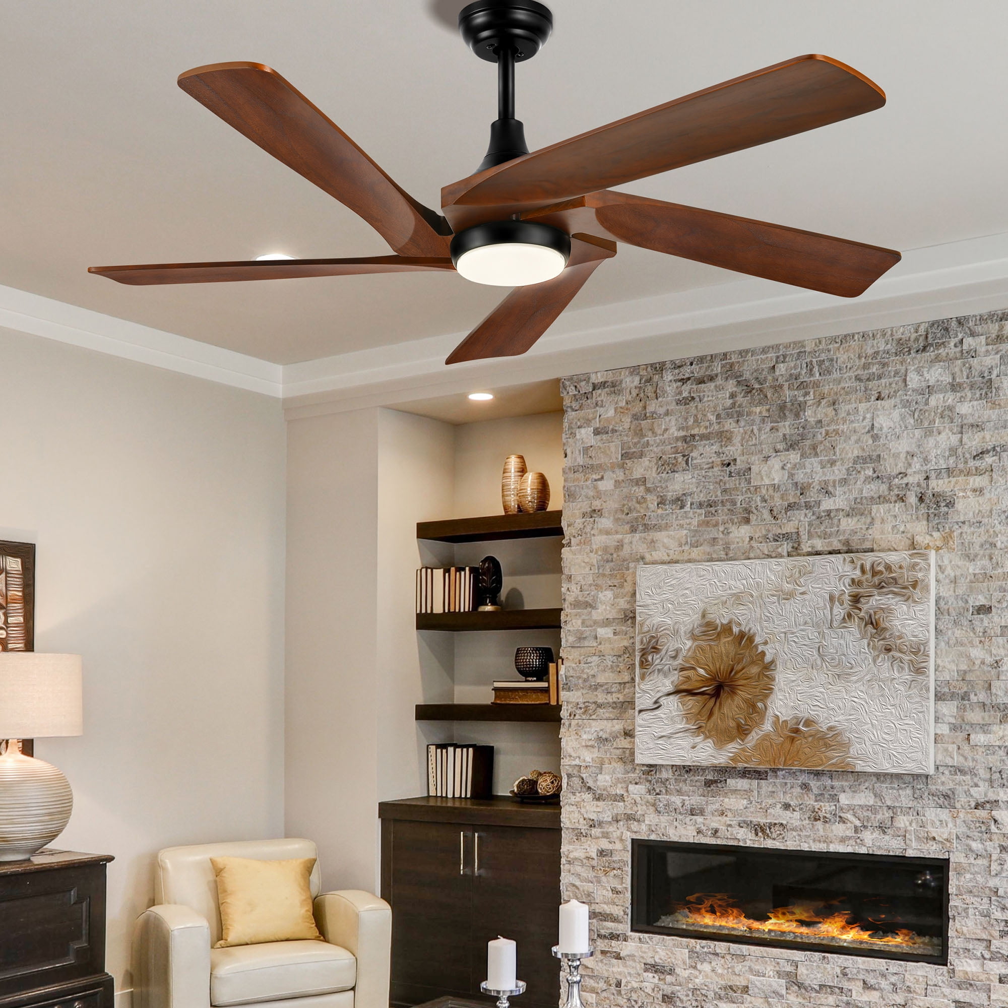 Dextrus 52 Inch Ceiling Fan with lights and Remote Control, Modern Ceiling Fan with 6-speed, 5 Solid Wood Blades- Walnut
