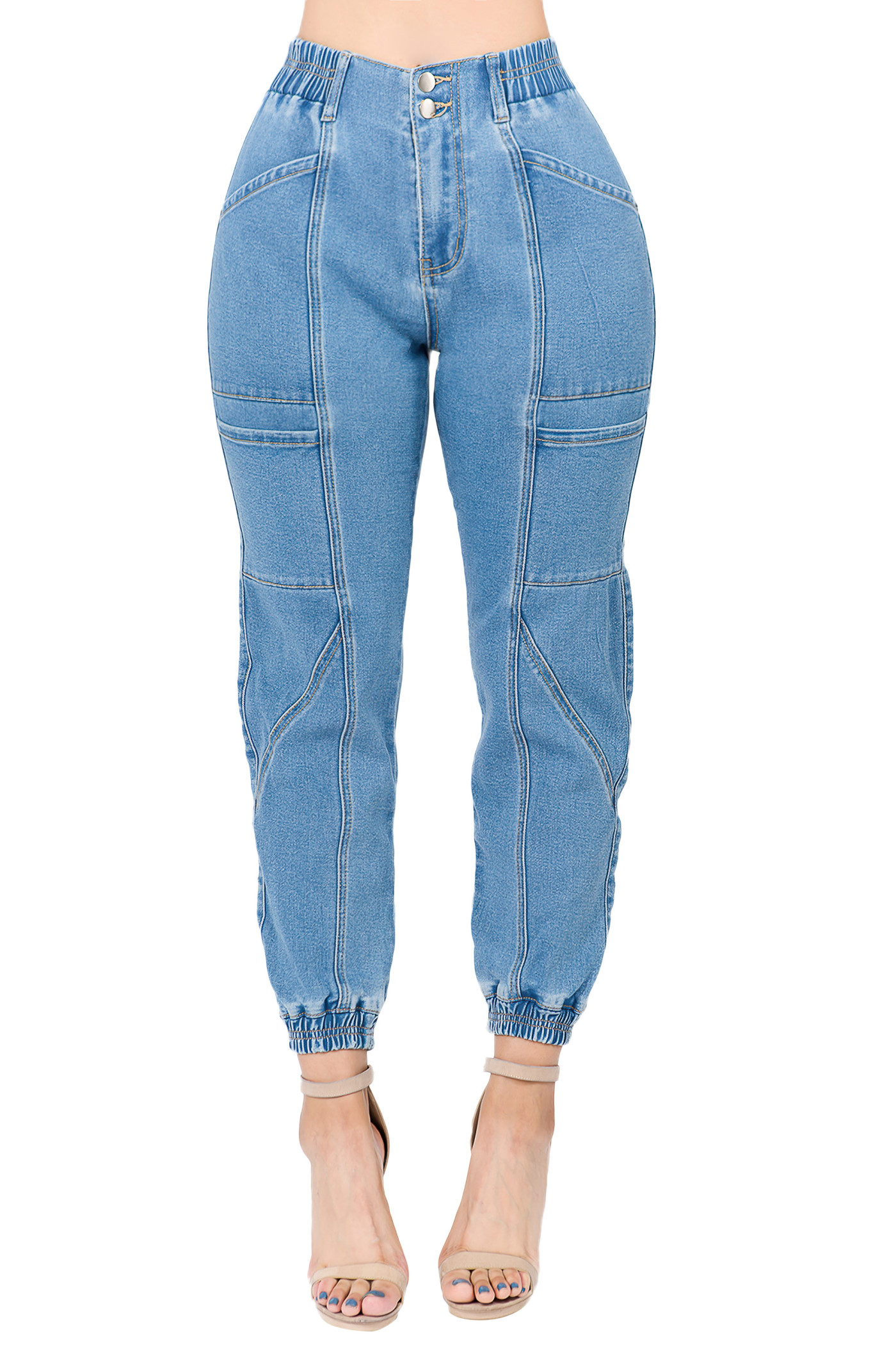 Elastic High Waist Denim Joggers Pants 