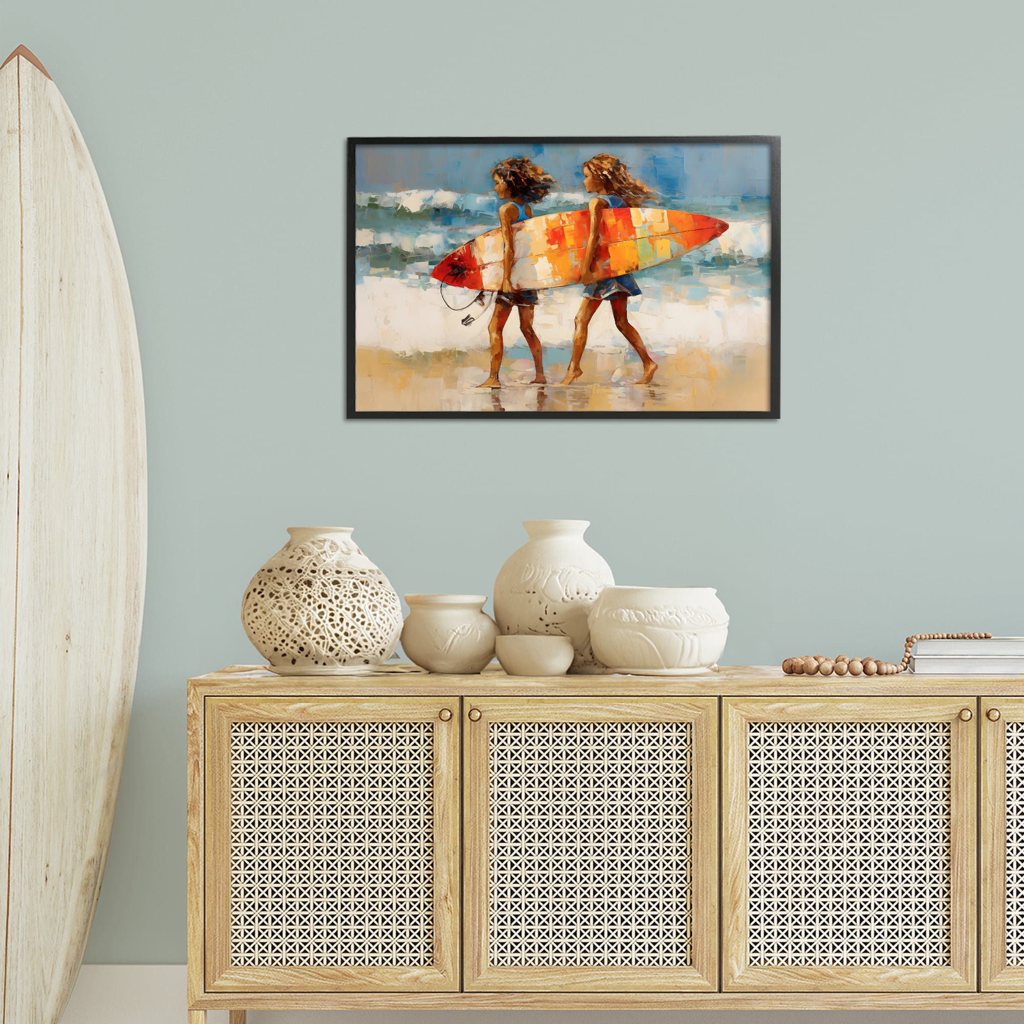 Stupell Industries Surfboard Kids Friends Sports Painting Black Framed Art Print Wall Art, 30 x 20