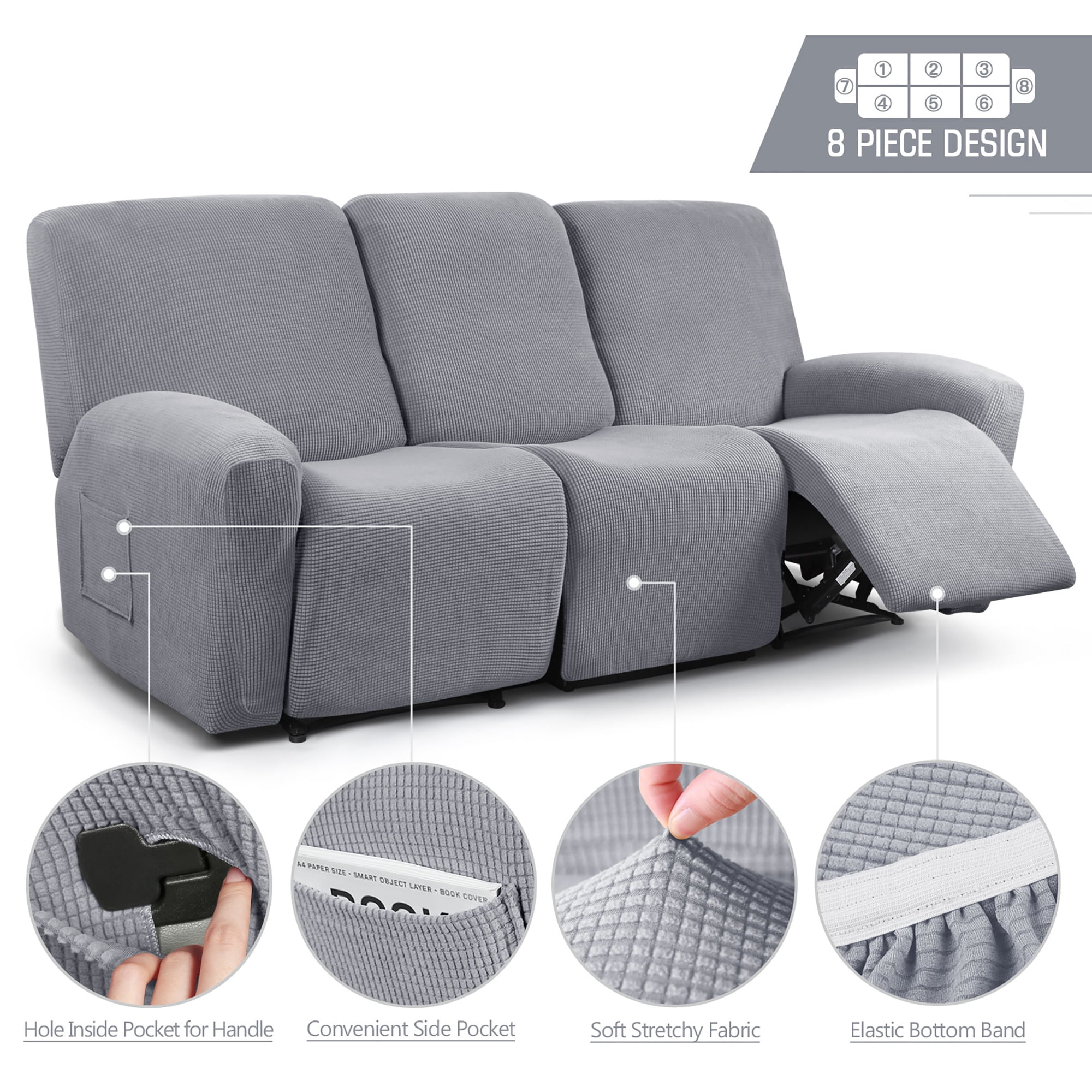 TAOCOCO 3-Seaters Stretch Recliner Sofa Slipcover Solid Couch Covers Furniture Chair Protector Dusty Gray