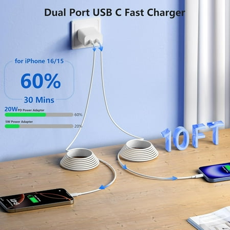 YILOSF-iPhone 17 16 15 Fast Charger 2Pack USBC Double Charger Block with 10FT Long C to USB C Cable Dual Fast Charger Compatible with iPhone 17 Pro Max/17 Pro/Air/16 Pro Max/16e/15 Pro Max/15 Pro/1