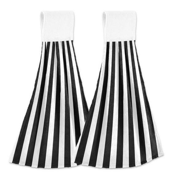2 Pcs Kitchen Hand Towels with Hanging Loops Absorbent Soft Fast Drying Decor Bath Towels Black and White Striped