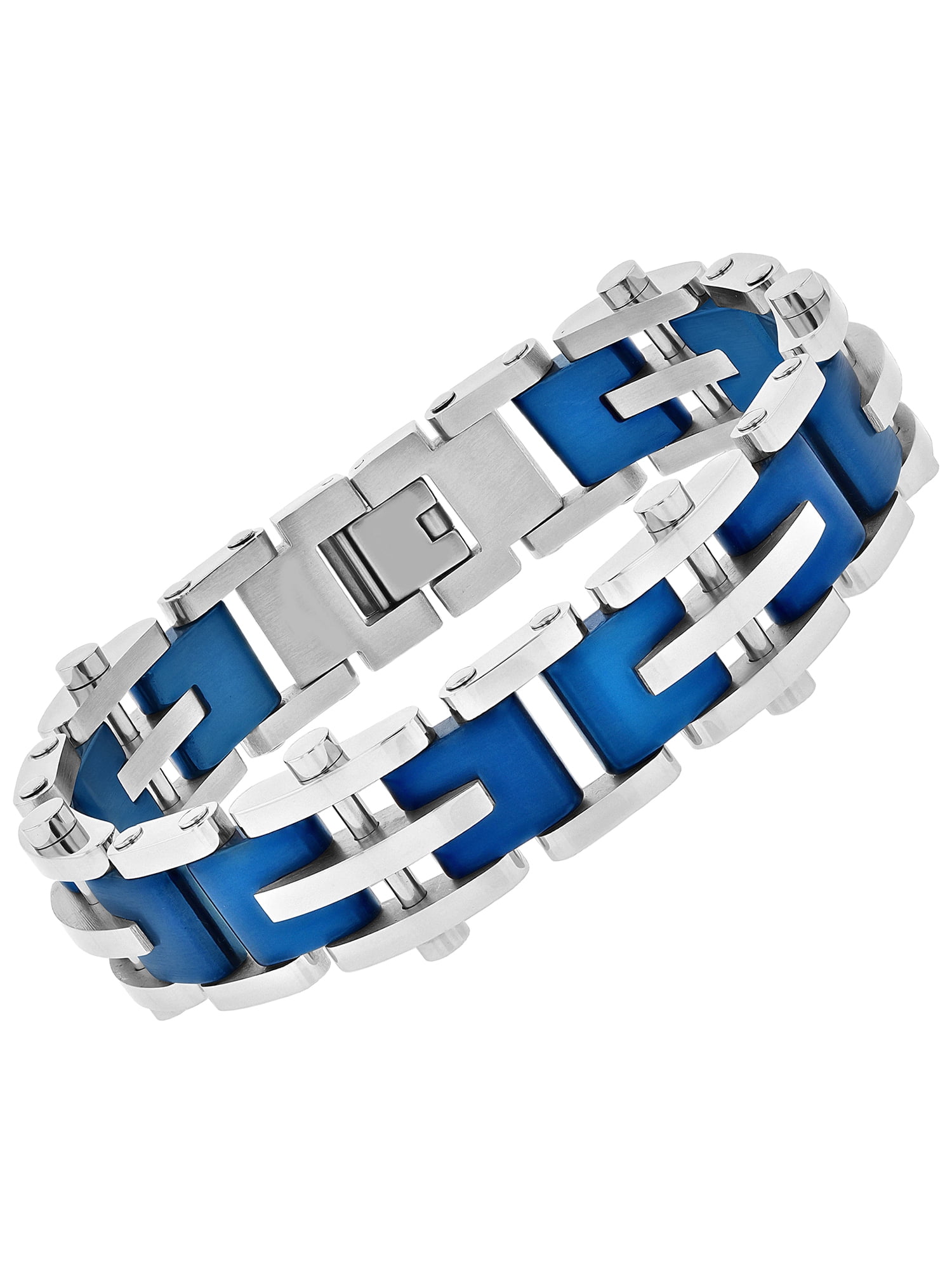 Men's Stainless Steel Double Link Silver Blue Bike Chain Bracelet USA Seller! 