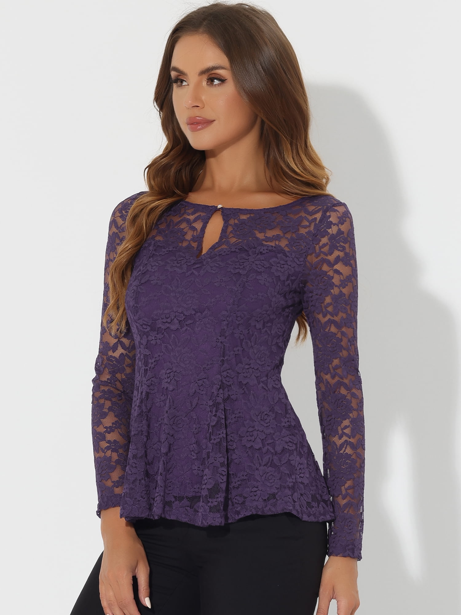 DARING DIVA Lace Peplum Tops Elegant Floral Lace Blouse S Purple