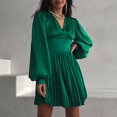 thumbnail image 2 of IROINNID Semi Formal Dress for Women Long Sleeve Empire Dress V-neck Back Zipper Trumpet Sleeves Pleated Satin Solid Color T-A-line High-Waist Dress,Green, 2 of 6