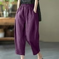 thumbnail image 2 of Lovskoo Wide Leg Pants for Women Cotton and Linen Summer Trendy Casual Solid Color Elastic Loose Pants Straight Leg Trousers with Pocket Purple, 2 of 5