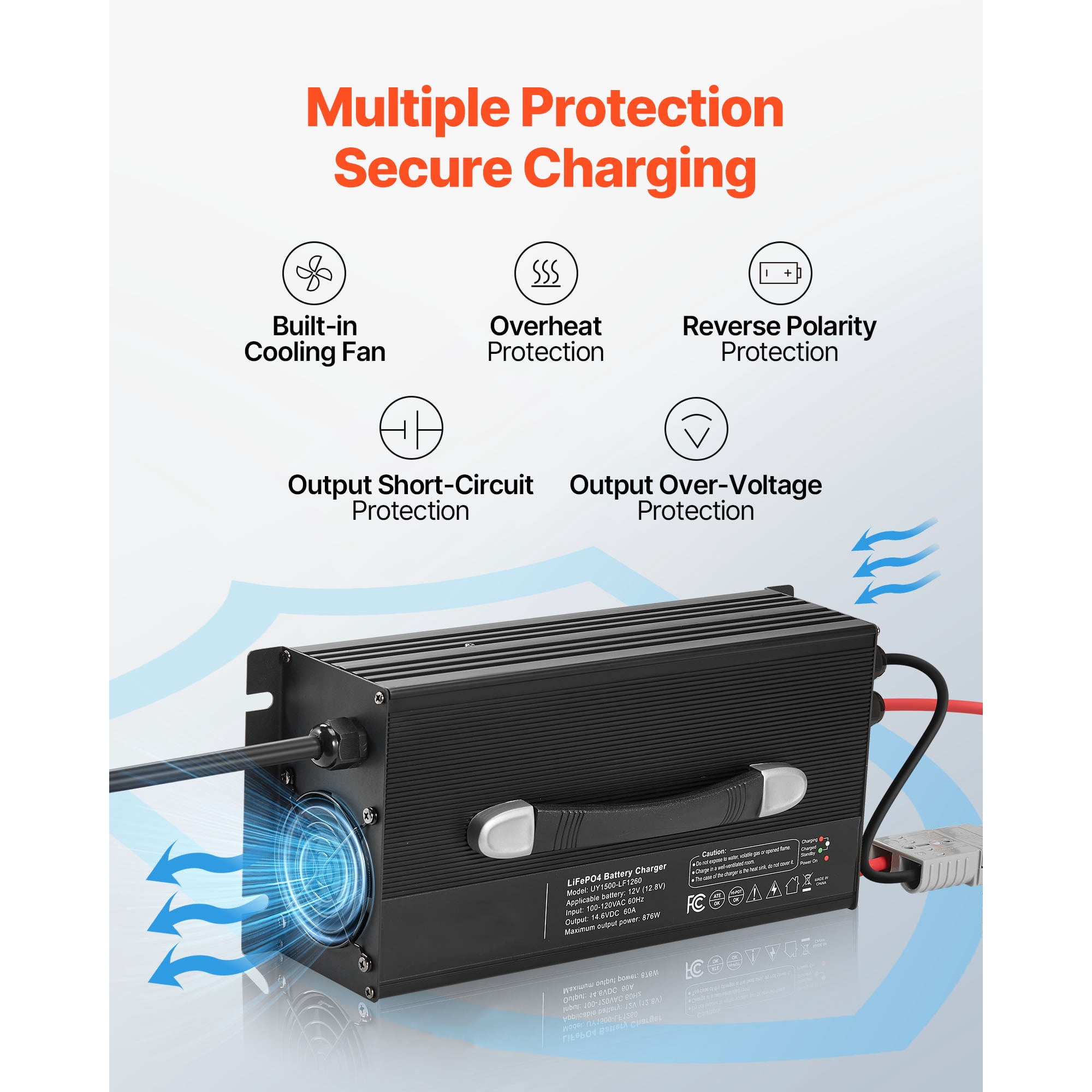 KFFKFF 12V 60A Lithium Battery Charger, 14.6V AC-DC LiFePO4 Smart Charger with Anderson Connector, LED Display, 0V Activation, Compatible with Lithium LiFePO4 Deep Cycle Batteries for Boats and RVs