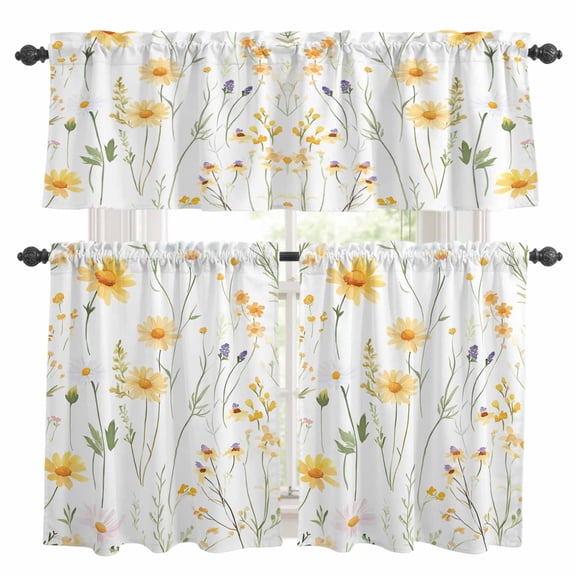 Yellow Daisy Floral Kitchen Curtains Sets for Windows 36 Inch Length, Spring Rustic Botanical Flowers Rod Pocket Window Treatments Tier Curtains and Valances Set for Bedroom/Bathroom