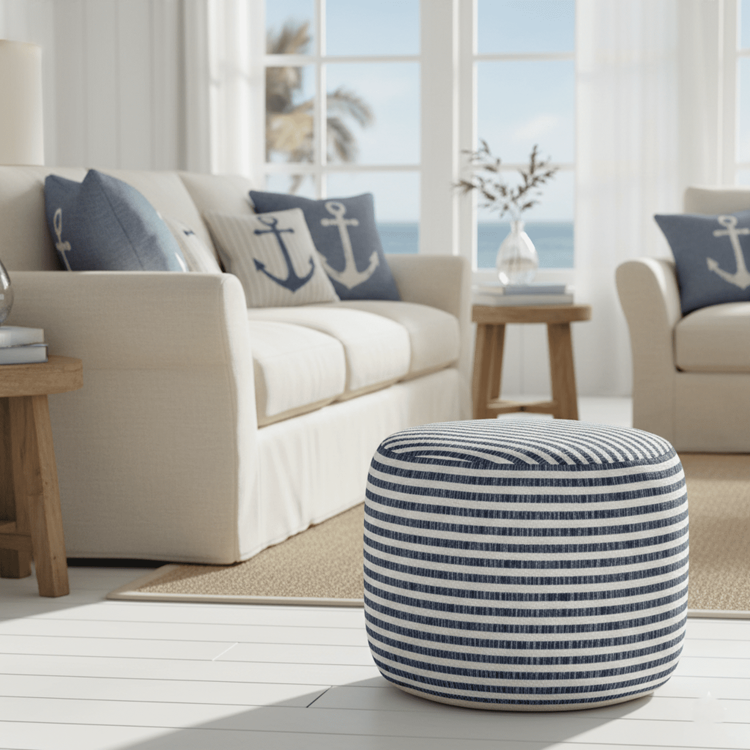 LR Home Oakley Round Blue/White Striped Indoor Small Pouf Ottoman, 14" H x 18" W