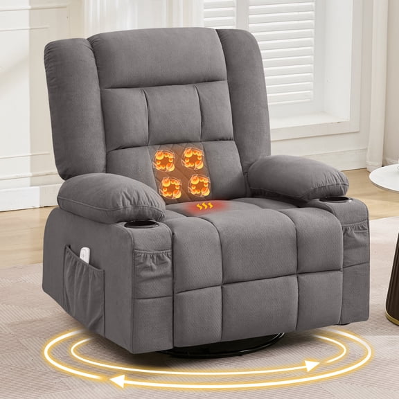 Alvantor Swivel Rocker Recliner Chair with Massage & Heat Function for Adults, Elderly Single Rocker Sofa with Cup Holders for Bedroom Home Theater Gray