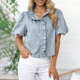 thumbnail image 2 of Craaazy Women Short Sleeve Tops Relaxed Fit Stripe Ruffle Neckline Puff Sleeve T-Shirts Casual Soft for Going Out Summer Vacation, 2 of 8