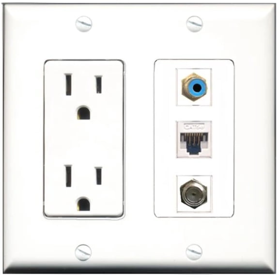 RiteAV - 15 Amp Power Outlet 1 Port RCA Blue 1 Port Coax 1 Port Cat5e Ethernet White Decorative Wall Plate