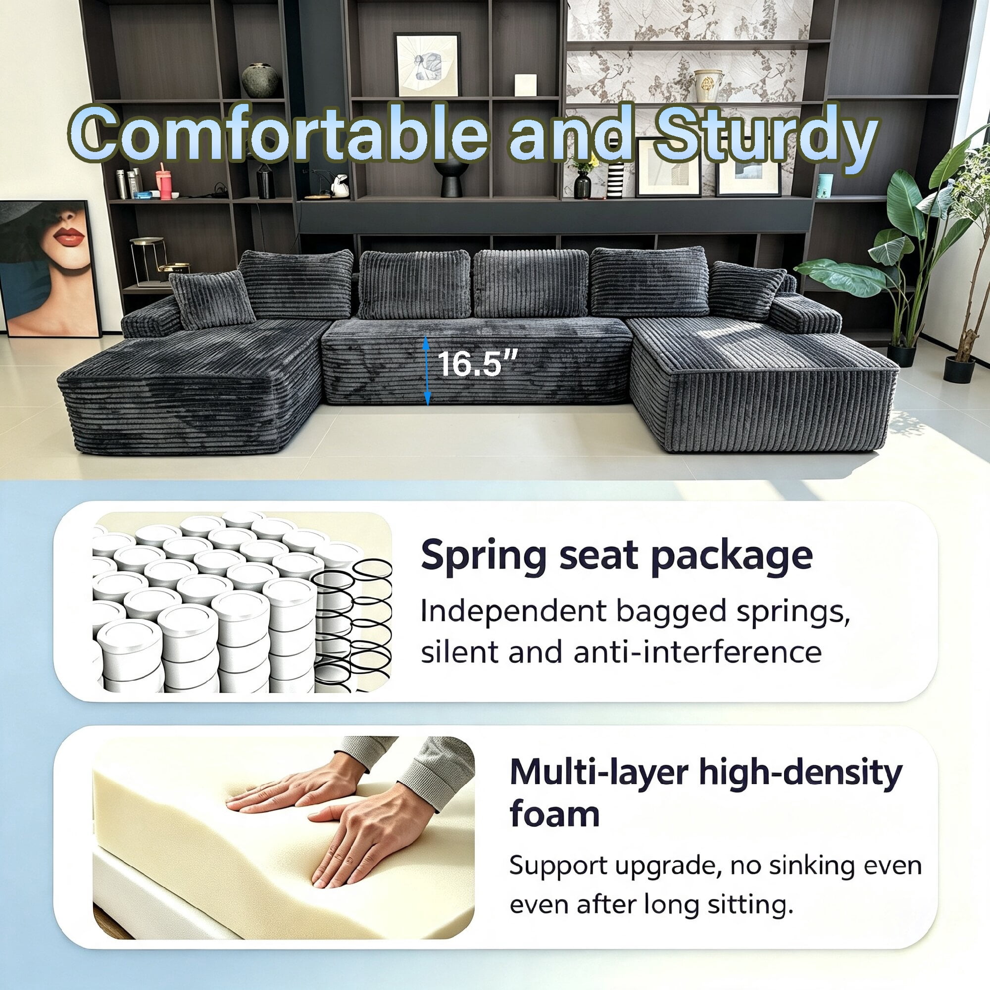 Howcool 131" U‑Shaped Modular Sectional Sofa with Deep Seat Chaise,Corduroy 4‑Seat Boneless Cloud Couch,Compressed Sofa for Living Room,No Assembly Required,Gray