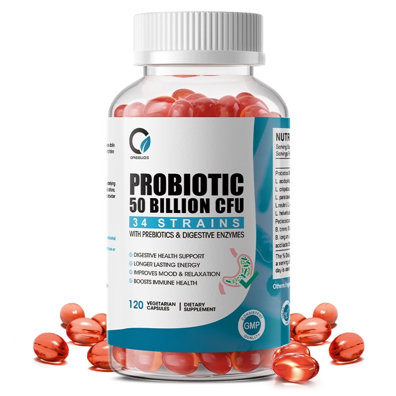 Probiotics & Digestive Enzymes for Women and Men with 50 Billion CFU and 34 Strains, Digestive & Gut Health Support, 120 Count - By Orgeuos